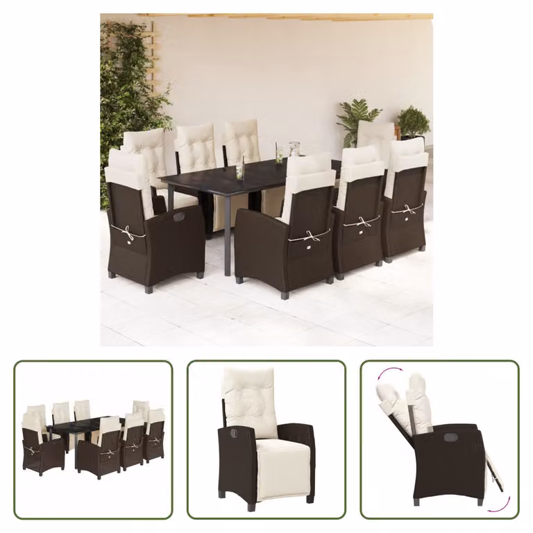 The Living Store Set da pranzo da giardino 9 pezzi con cuscini in polirattan marrone