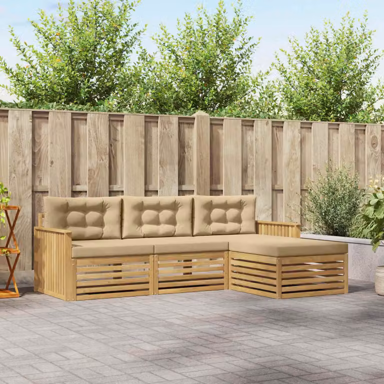 Set di divani da esterno vidaXL a forma di L in legno di acacia con pouf e cuscini, Bianco e Beige
