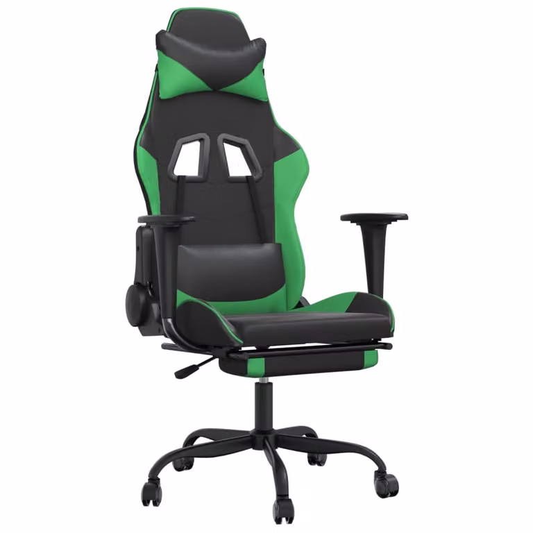 Sedia da Gaming con Poggiapiedi Nero e Verde in Pelle finta