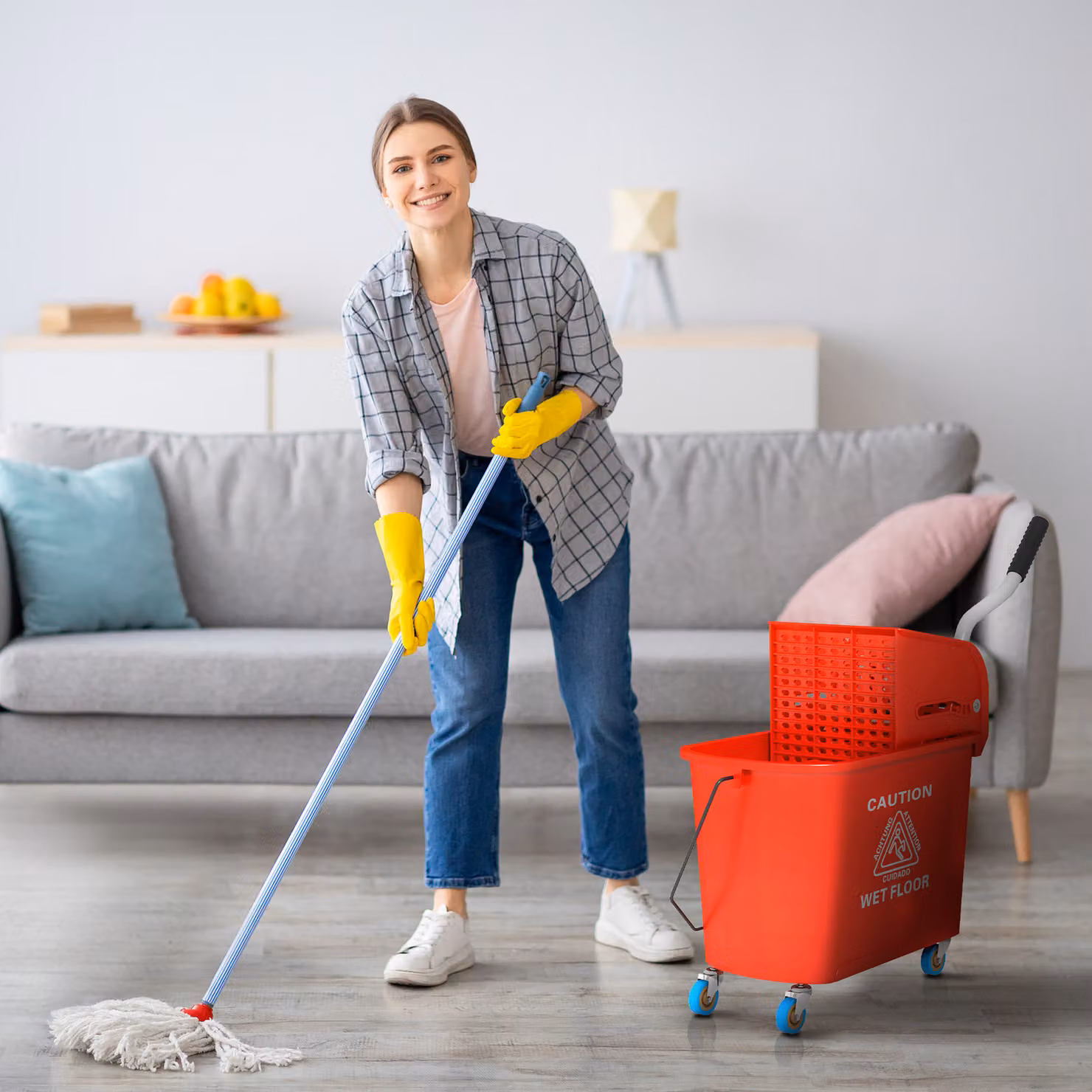Carrello per pulizie HOMCOM in plastica rossa con secchio da 20L e strizzatore, L: 60 cm, P: 27 cm, H: 70.5 cm – 2