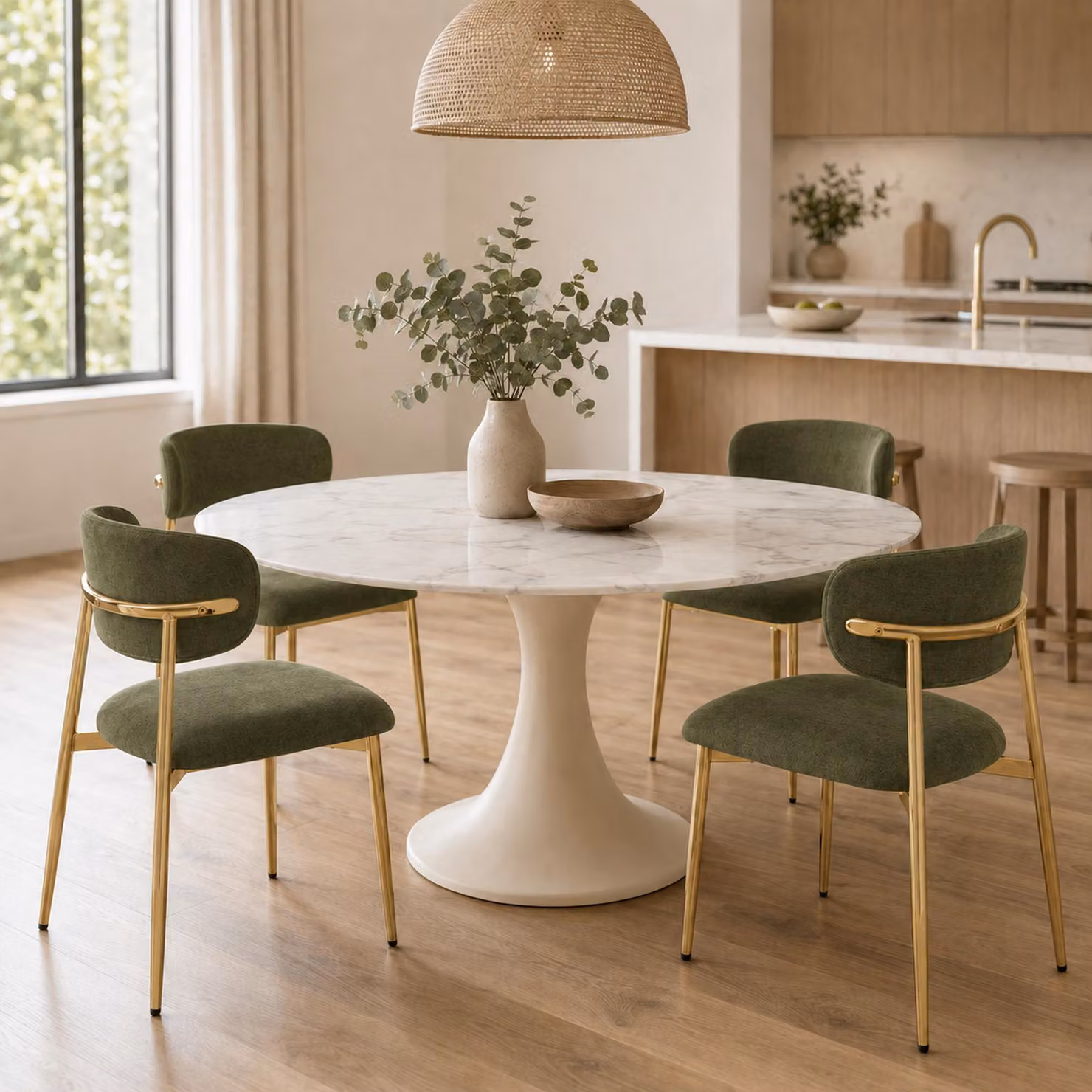 Set di 4 sedie da pranzo Flieks, con struttura dorata regolabile in altezza, imbottite, ideali per la sala da pranzo o la cucina. Dimensioni: 51x50x81 cm. Colore: verde e oro