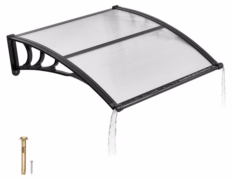 Tenda per porta d'ingresso - Tenda a falda unica - Dimensioni 96,5 x 101,7 cm - Tenda per porta in policarbonato - Con sistema di drenaggio - Supporti in ABS - Protezione UV e resistenza agli agenti atmosferici - Forma ad arco - Marrone