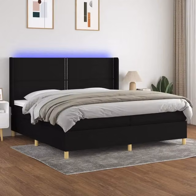 Letto Ibrido vidaXL con Materasso a Molle Insacchettate, Illuminazione LED e Porta USB, Tessuto Nero, L/P/H: 200 x 200 x 203 cm