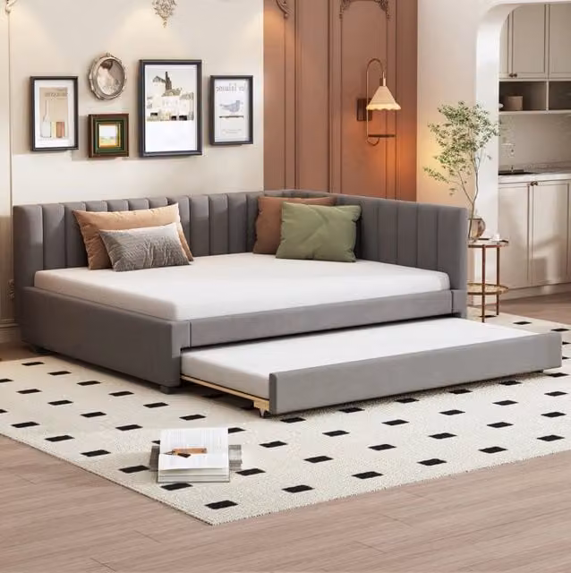 Letto imbottito grigio 140 x 200 cm con letto estraibile e rete a doghe