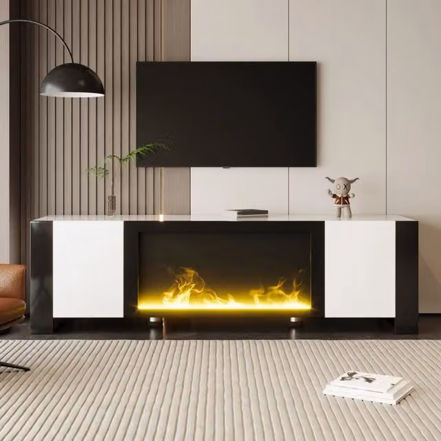 Mobile TV Mivray con camino elettrico decorativo effetto fiamma bianco e nero L/P/H: 165 x 32 x 55 cm