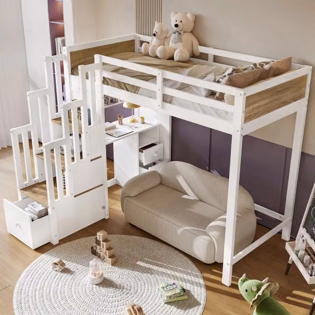 Letto a soppalco 90x200 cm con scrivania; pino e MDF; bianco e naturale; scala contenitore per cameretta
