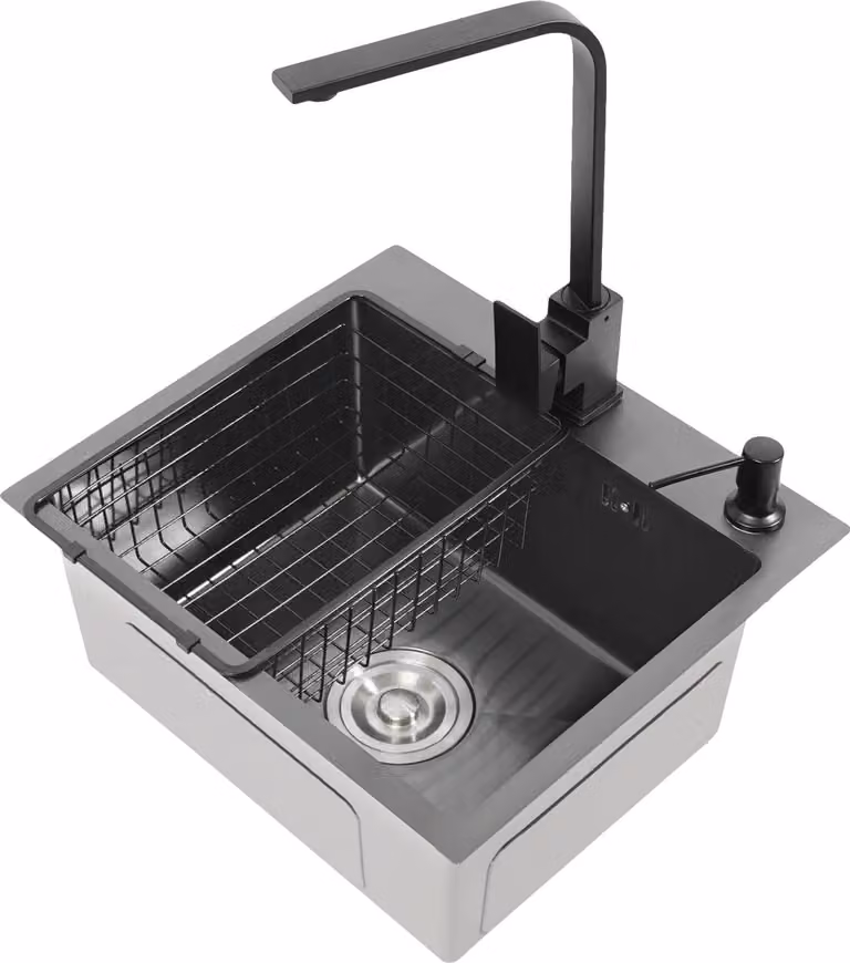 Lavello da cucina, 45 x 40 cm, acciaio inox, vasca singola, rubinetto girevole a 360°, riduzione del rumore