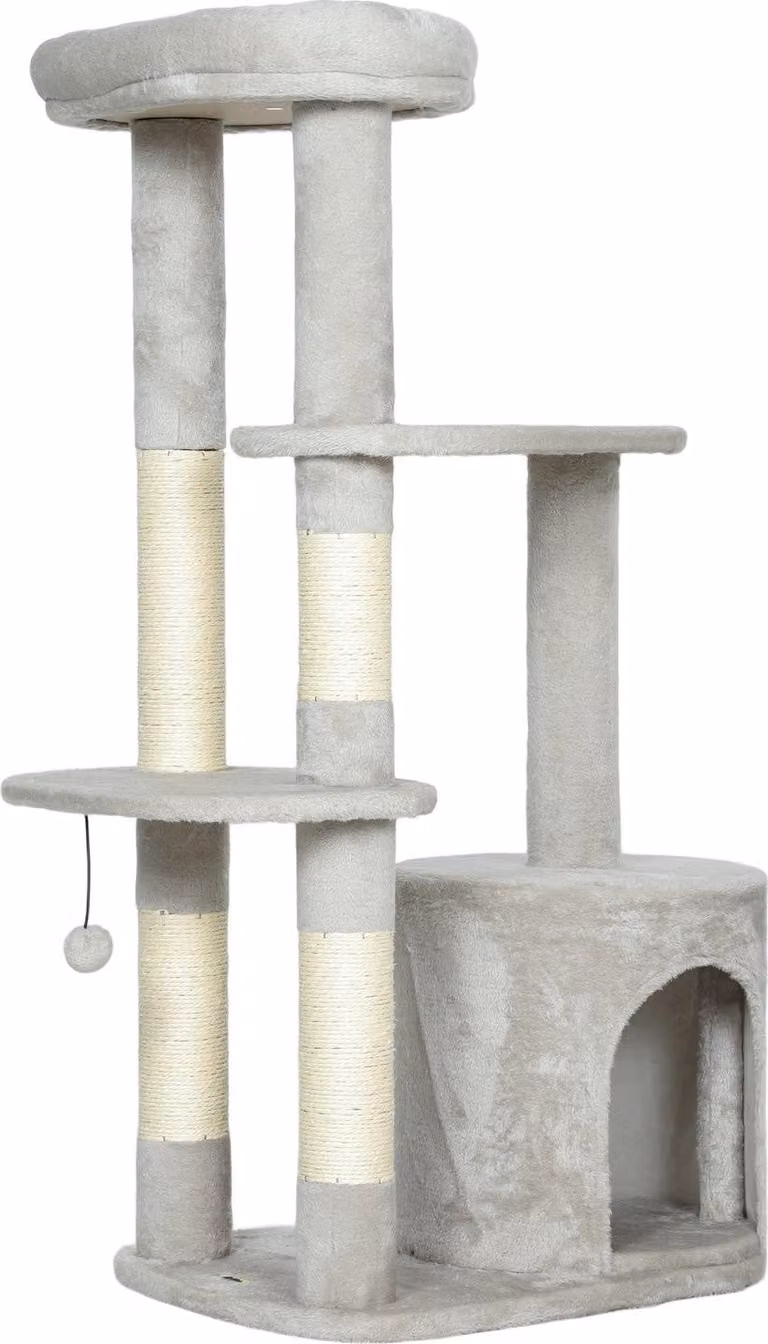 Torre per gatti 114 cm, pali in sisal, multilivello, grigio chiaro