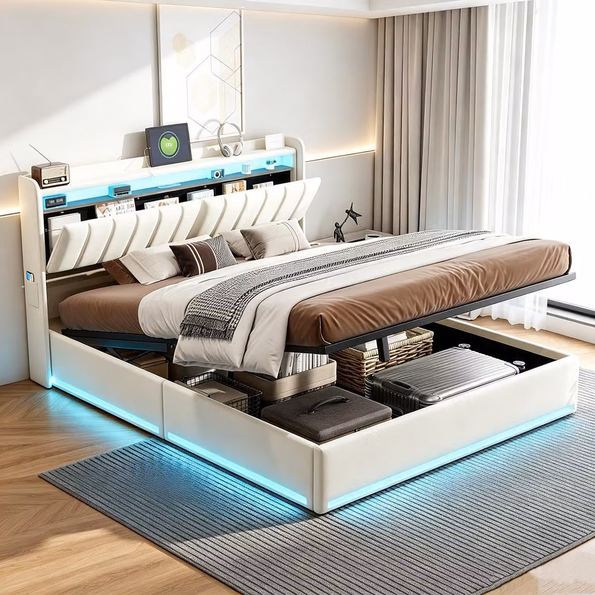 Letto con rete a molle INONEFT, 140x190 cm, con LED e USB, struttura imbottita con spazio contenitore, sistema di sollevamento idraulico, rivestito in velluto, colore beige.
