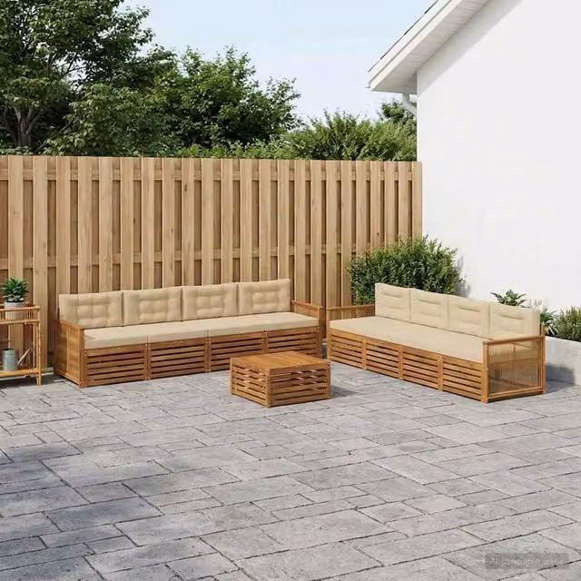 Set di divani da esterno a forma di U vidaXL in legno di acacia con tavolino e cuscini, colore beige e marrone