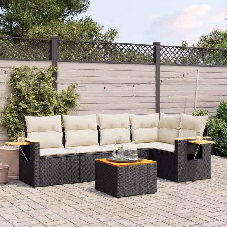 Set Divano da Giardino a L vidaXL in Polyrattan Nero con 6 Pezzi e Cuscini Imbottiti