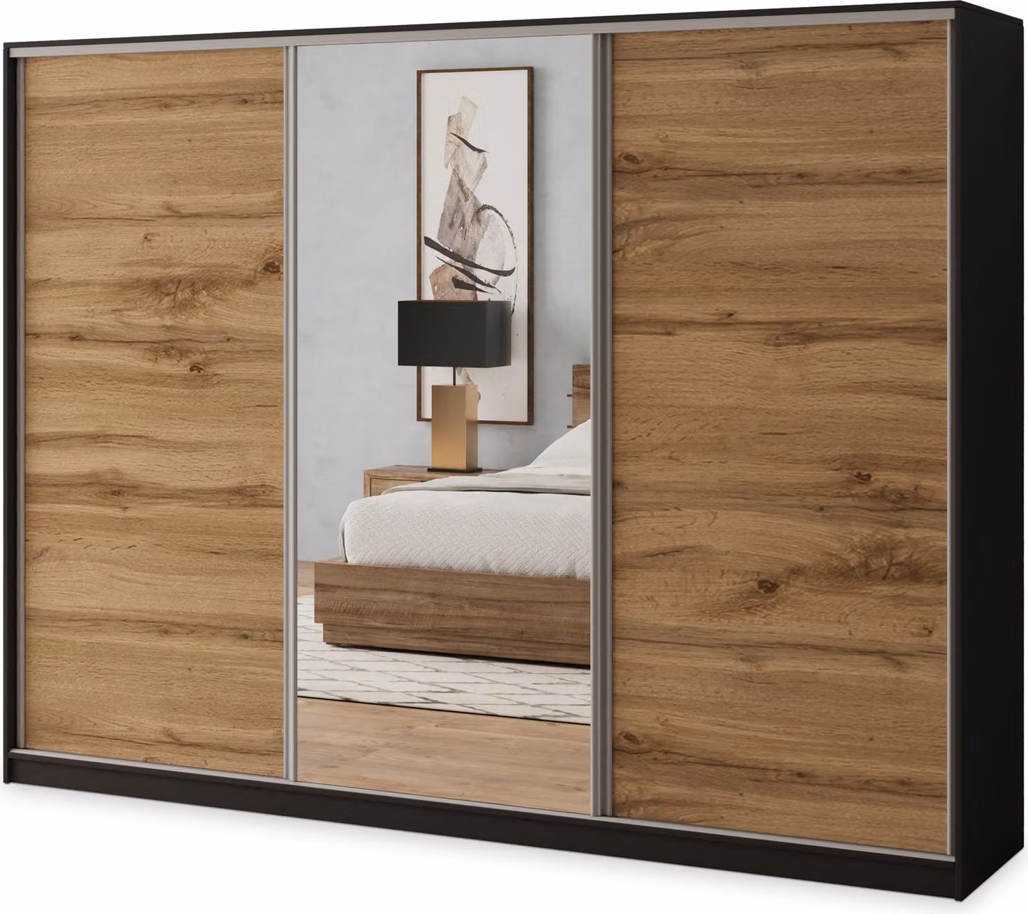 Armadio scorrevole Masseno SORE 270/205/58 cm Armadio con 4 cassetti Armadio per camera da letto a 3 ante con specchio Nero / Rovere Wotan