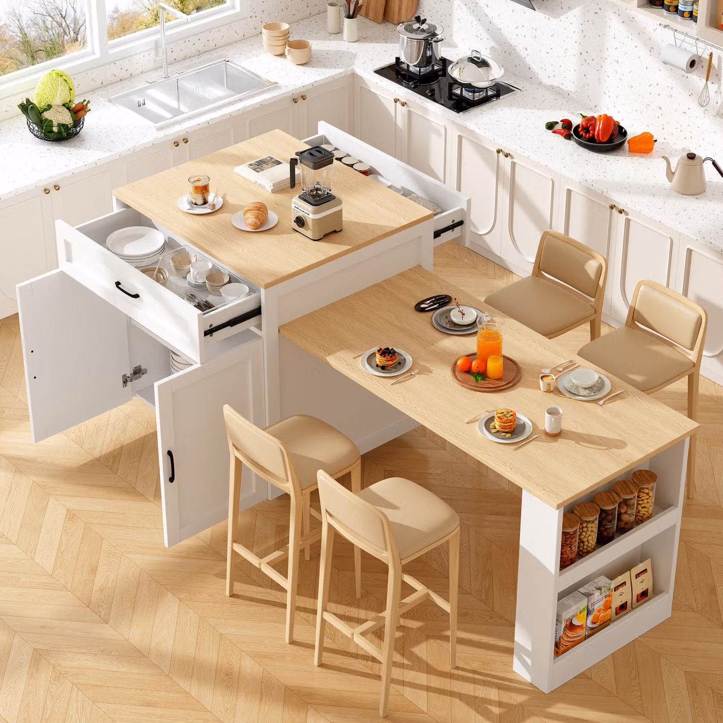 Tavolo da pranzo allungabile Flieks, tavolo da cucina con 2 cassetti e 2 scomparti, tavolo da sala da pranzo con spazio di archiviazione, isola da cucina multifunzionale, bianco