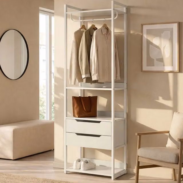 Stand Appendiabiti Jässaatka en.casa in Acciaio con 2 Cassetti e 4 Ripiani, Grigio, H 200 x L 61 x P 40 cm