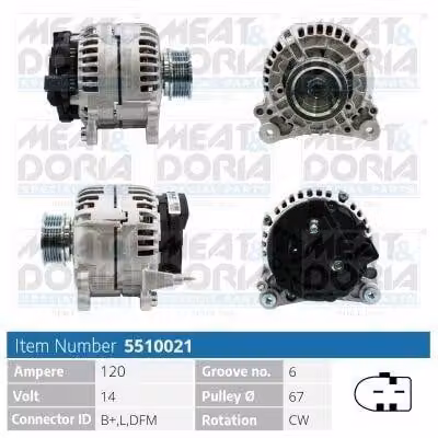 MEAT & DORIA 5510021 Alternatore 120 A 14 V per VW Transporter IV Bus (70B, 70C, 7DB, 7DK, 70J, 70K, 7DC, 7DJ) LT 28-35 II Bus