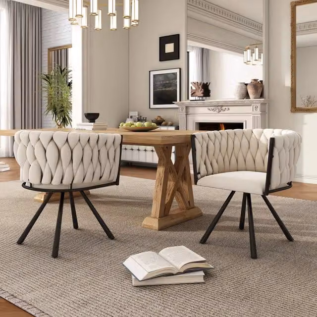 Set 2 sedie da pranzo in velluto beige; girevoli a 360 gradi; con struttura in acciaio