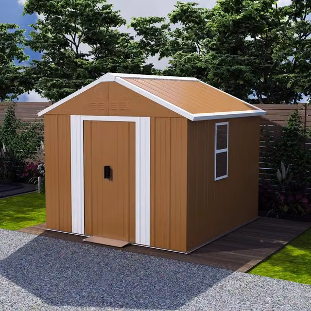 Casetta da giardino in metallo con doppia porta scorrevole, aerazione e tetto a due falde marrone 180 × 96 × 194 cm