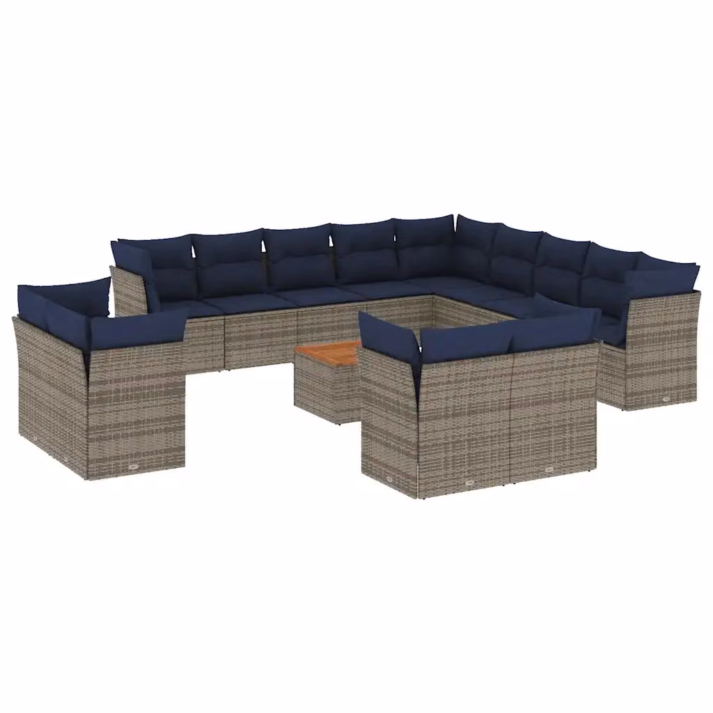 Set di Divani da Giardino a Forma di U vidaXL in Polyrattan Grigio e Blu con Cuscini e Tavolino da Caffè – 2