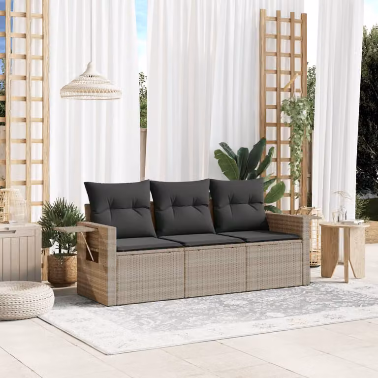 Set Divano da Giardino 3 Pezzi vidaXL in Polyrattan Grigio con Cuscini e Tavolino