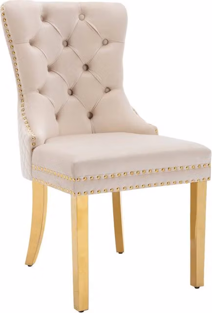 Sedia da pranzo beige in velluto con gambe in acciaio inox dorato e battitore decorativo, 50,5x45x95 cm