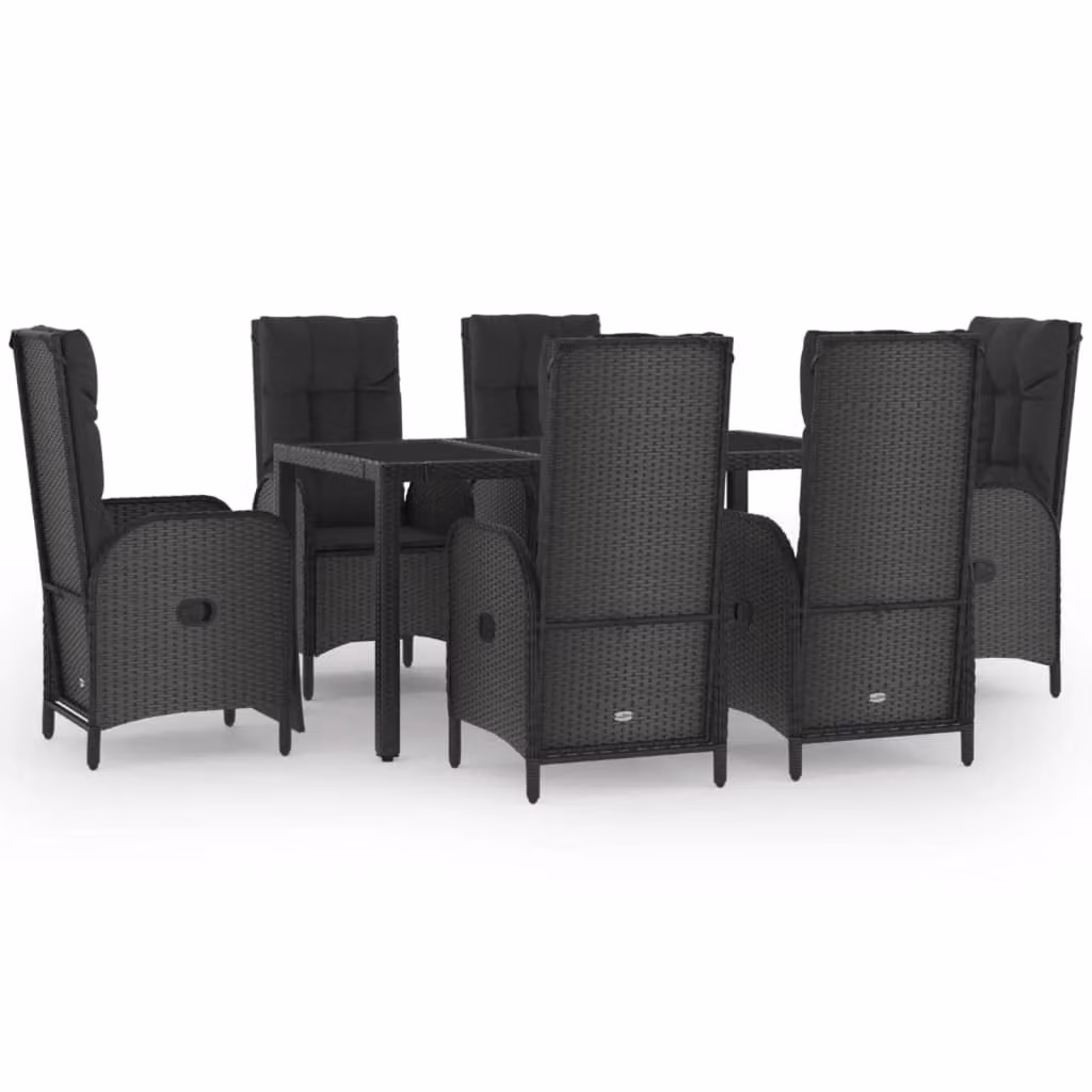 Set da Pranzo da Giardino 7 pz Nero con Cuscini in Polyrattan