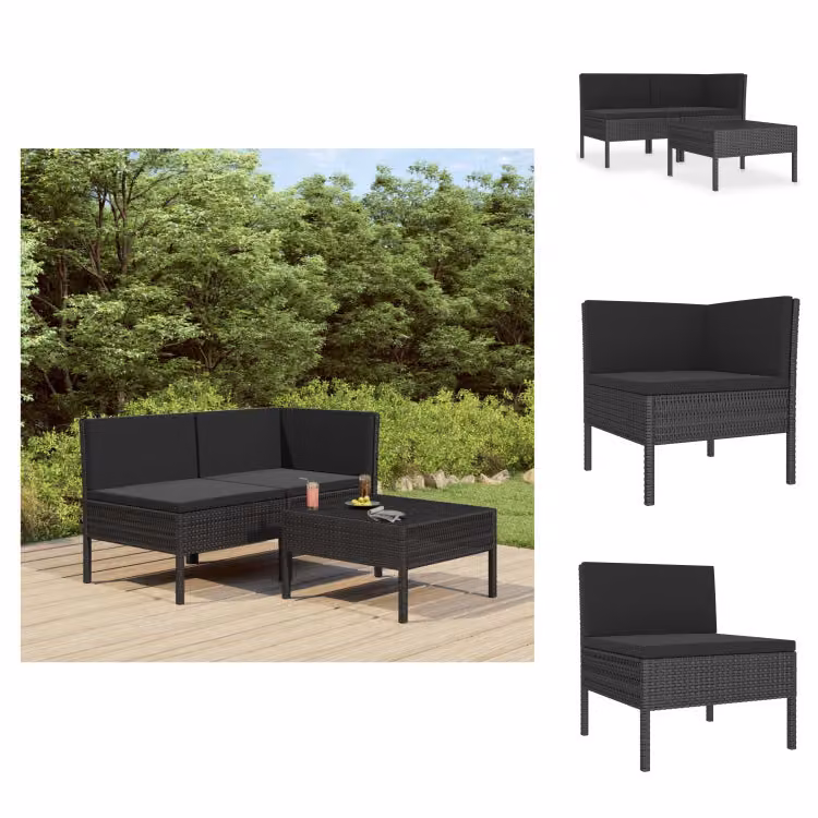 vidaXL Set di 3 pezzi da giardino con cuscini in poly rattan nero - Set di mobili da giardino