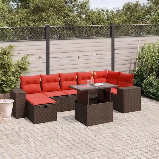 Set da giardino moderno vidaXL composto da 8 pezzi con divano a L, tavolino da caffè e pouf in rattan marrone con cuscini inclusi