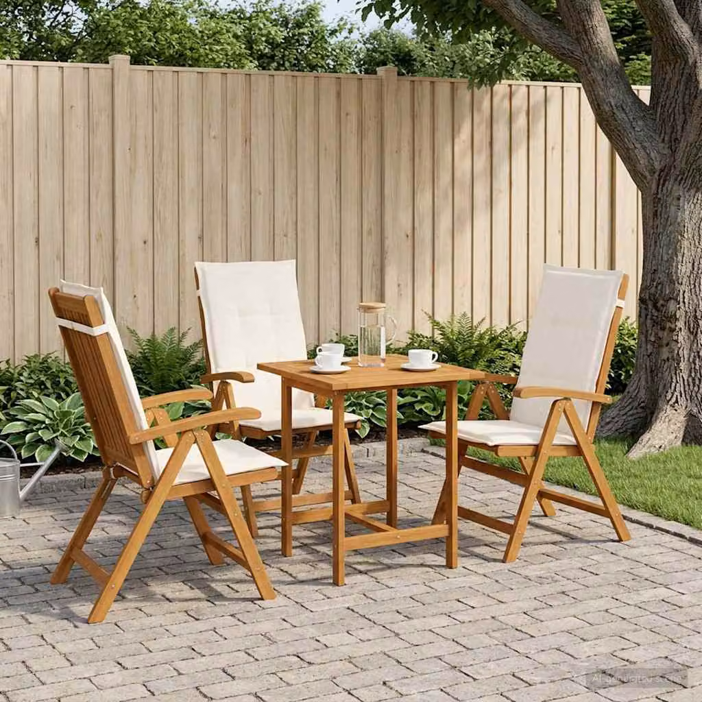 Set di 3 sedie da giardino reclinabili vidaXL in legno di acacia naturale con cuscini beige e bianchi