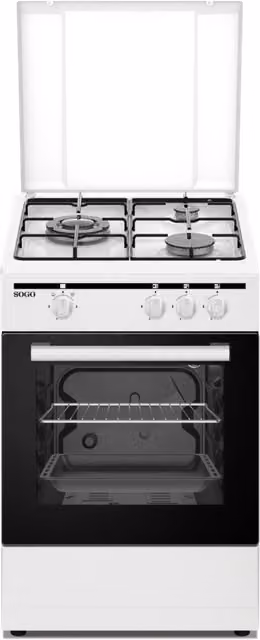 Cucina a gas 3 fuochi con forno 49 litri, potenza 9,85 kW, dimensioni 50x55 cm, colore bianco smaltato - SOGO