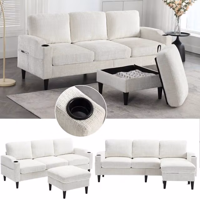 Divano 196.5x75x77 cm 4 posti con pouf contenitore; portabicchieri e tasche laterali in chenille beige