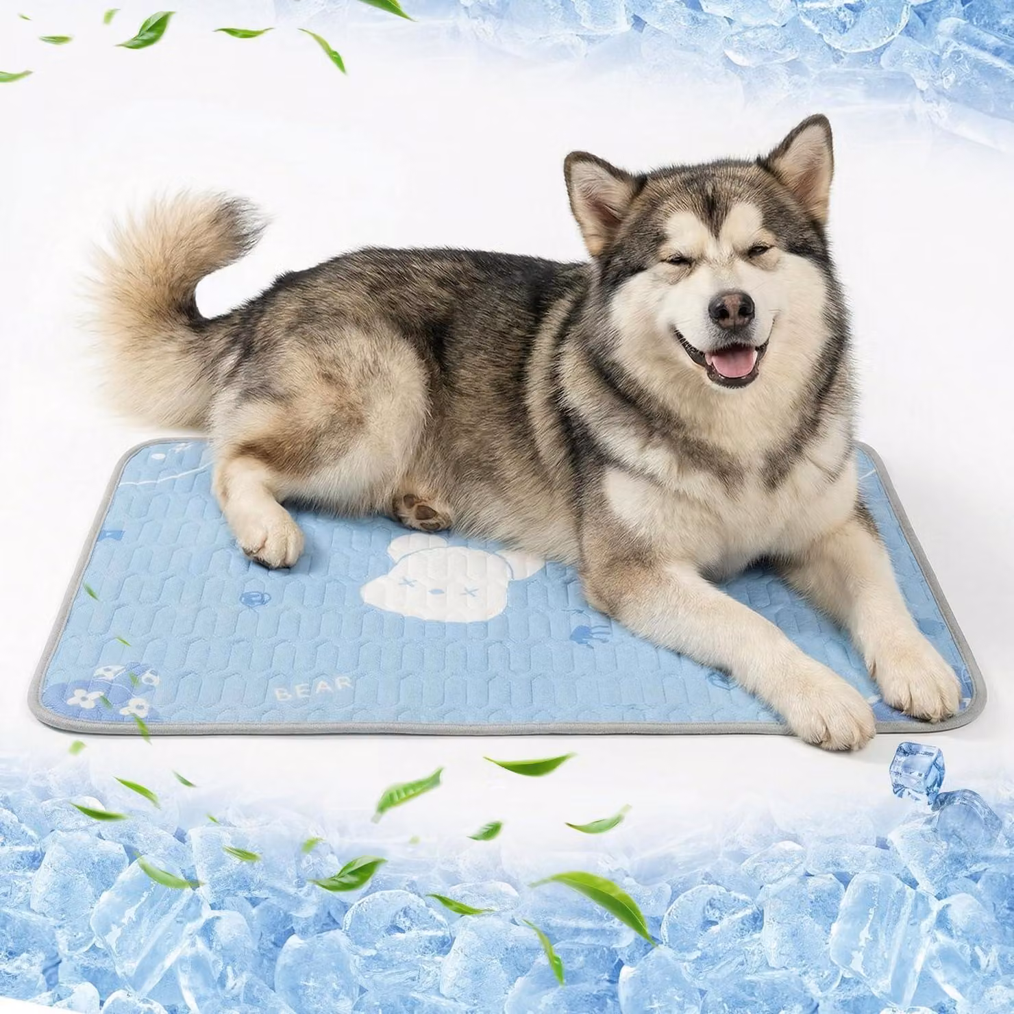 Tappetino refrigerante per cani, 50x70 cm, blu, realizzato in fibra di seta refrigerante e lattice, lavabile in lavatrice