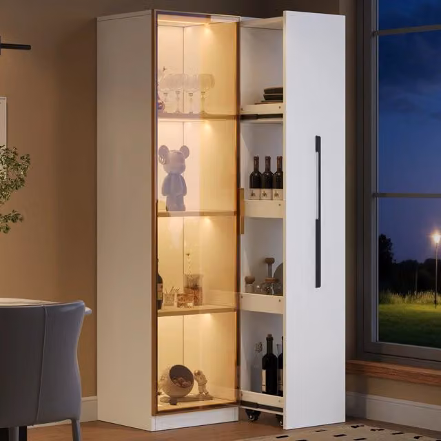 Vetrina LED con modulo laterale estraibile e vetro color ambra, per soggiorno, sala da pranzo, bianca, 70 × 40 × 160 cm
