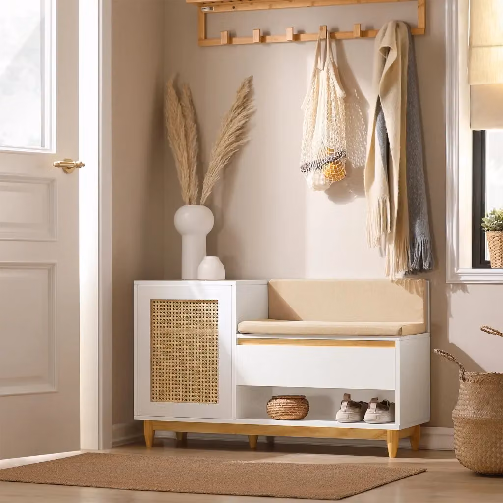 Panca con scarpiera e vano portaoggetti SOBUY per ingresso o bambini, design moderno con aspetto reticolare, Bianco-Naturale, L: 100 cm, P: 35 cm, H: 60 cm – 2