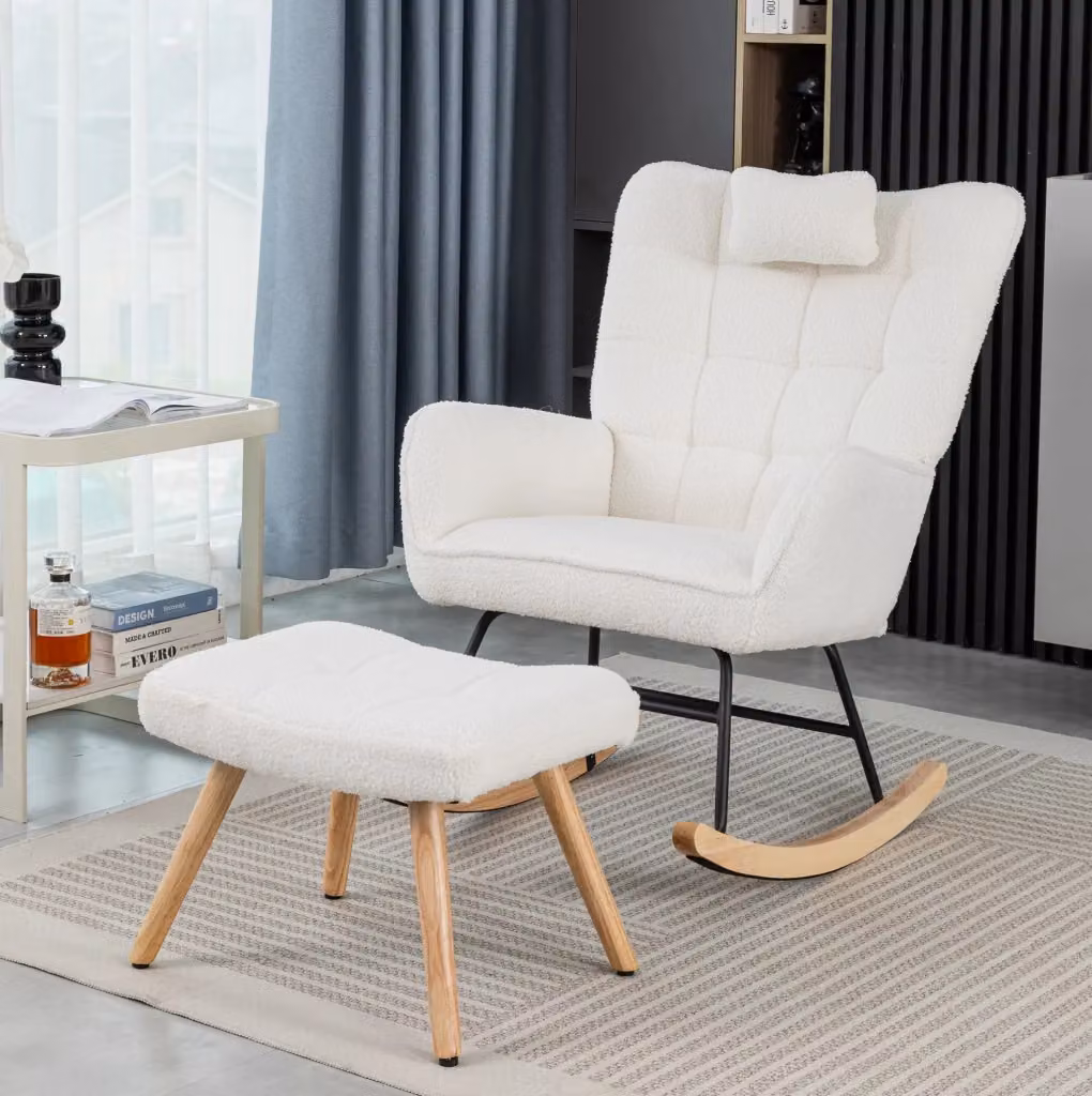 Sedia a dondolo MODFU bianca in tessuto bouclé con poggiapiedi e cuscino per testa, struttura in legno massello, Altezza: 92 cm, Seduta: 67 cm – 2