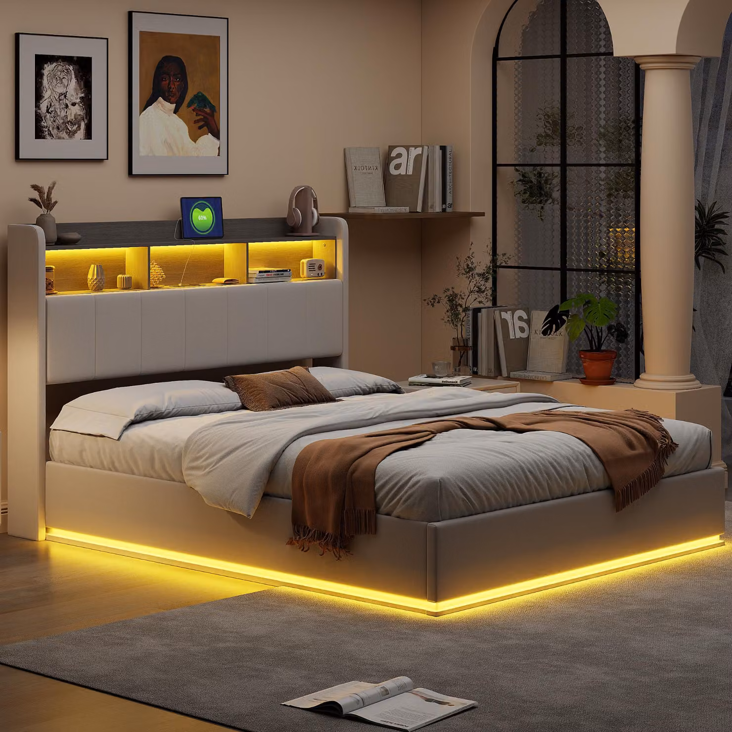 Letto ProximaX 160x200 cm in velluto bianco con striscia luminosa a LED, testata con contenitore e luce, base del letto per un ulteriore spazio di archiviazione Moderno ed elegante