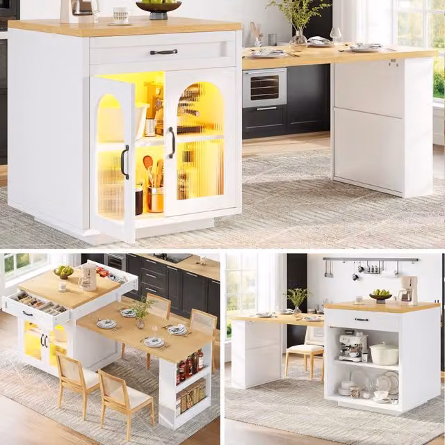 Isola cucina estraibile con illuminazione LED, mobile moderno con 2 cassetti e ripiani regolabili, credenza con ante vetro zigrinate, piano lavoro in MDF per zona pranzo