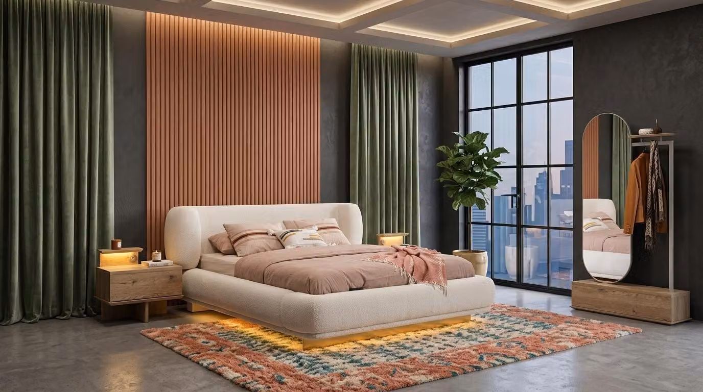 Due comodini, specchio, camera da letto, stile moderno, beige, confortevole