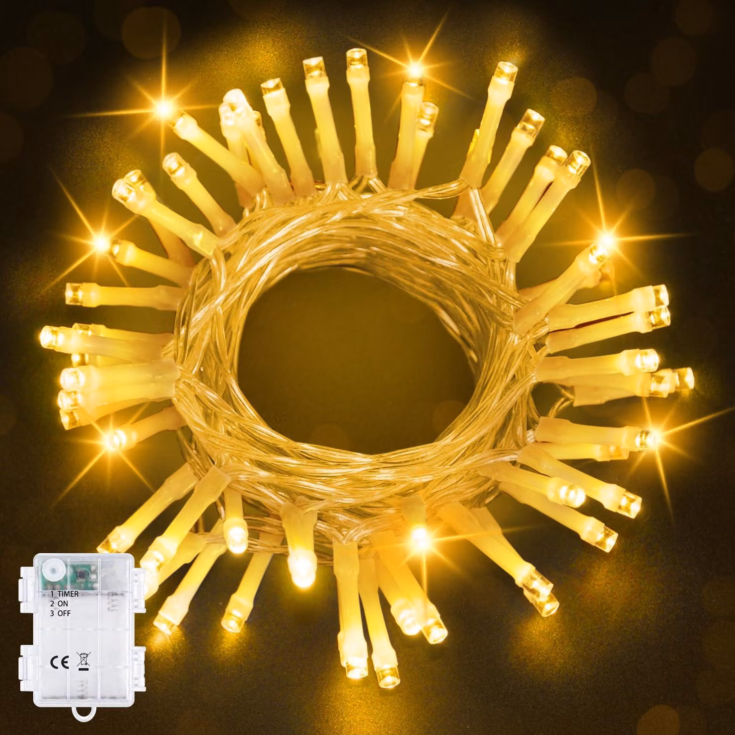 Catena luminosa da 5 metri, con 50 LED bianco caldo, grado di protezione IP65, timer integrato, alimentazione a batteria