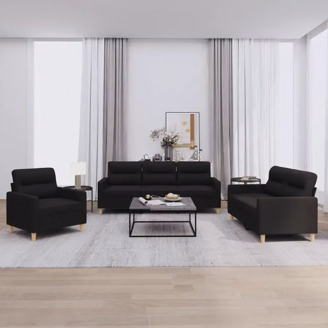 vidaXL Set di Divani 3 Pezzi Moderno in Tessuto Nero con Cuscini
