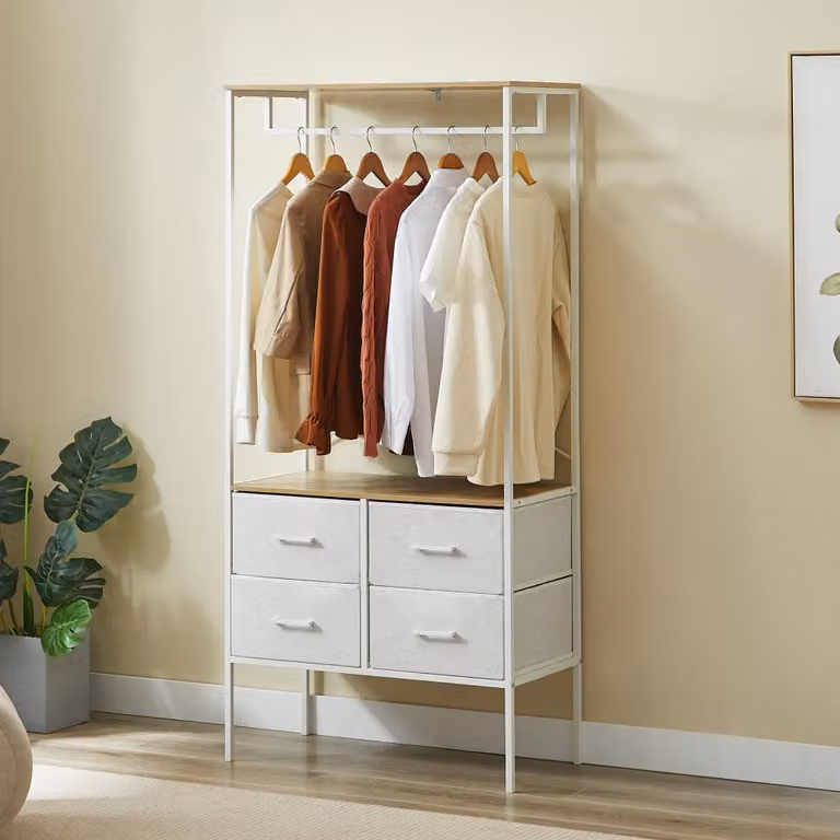 CASABEL Guardaroba con 4 Cassetti Tessuto, Piani in Legno, Metallo Bianco