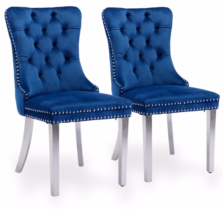 Set di 2 poltrone da pranzo in velluto, con schienale alto e struttura in legno rivestita di vernice argentata, colore blu