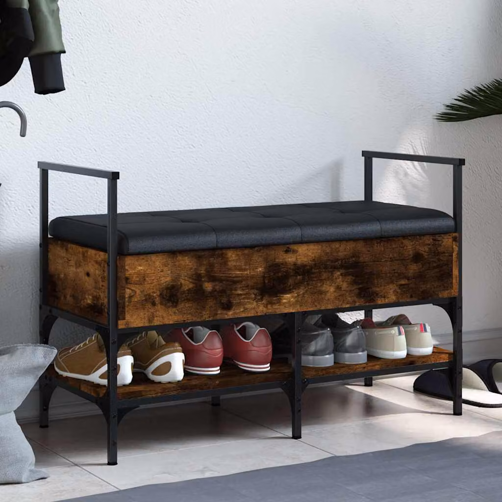 Panca porta scarpe vidaXL in stile industriale con seduta in ecopelle, colore marrone e nero, L: 85,5 cm, P: 42 cm, H: 57,5 cm