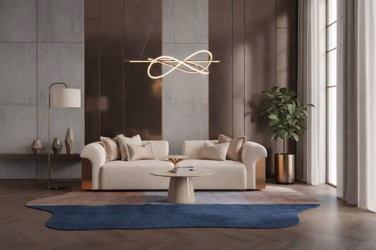 Elegante set da salotto color beige: grande divano a tre posti e tavolino rotondo