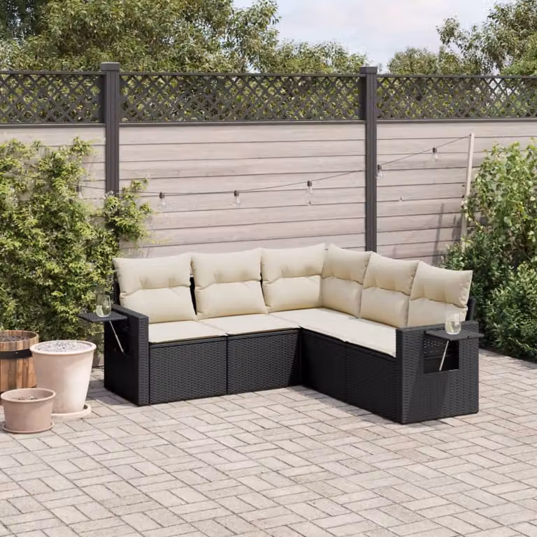 vidaXL Set Divano da Giardino a L 5 pz con Cuscini in Polyrattan e Struttura in Acciaio Nero