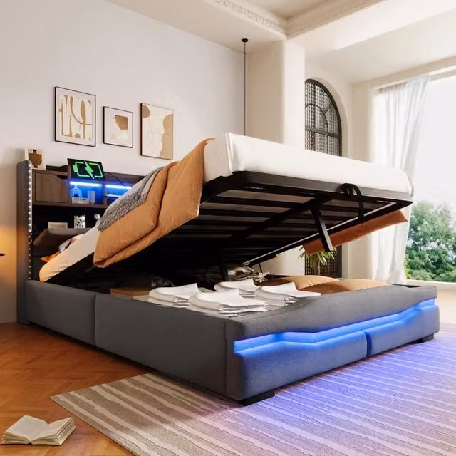 Letto contenitore 140 x 200 cm con USB-C, LED sotto il letto, con testiera di contenitore e contenitore idraulico, tessuto in lino grigio