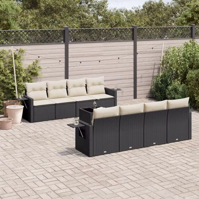 vidaXL Set Divani da Giardino 9 pz in Polyrattan Nero con Cuscini e Tavolino da Caffè
