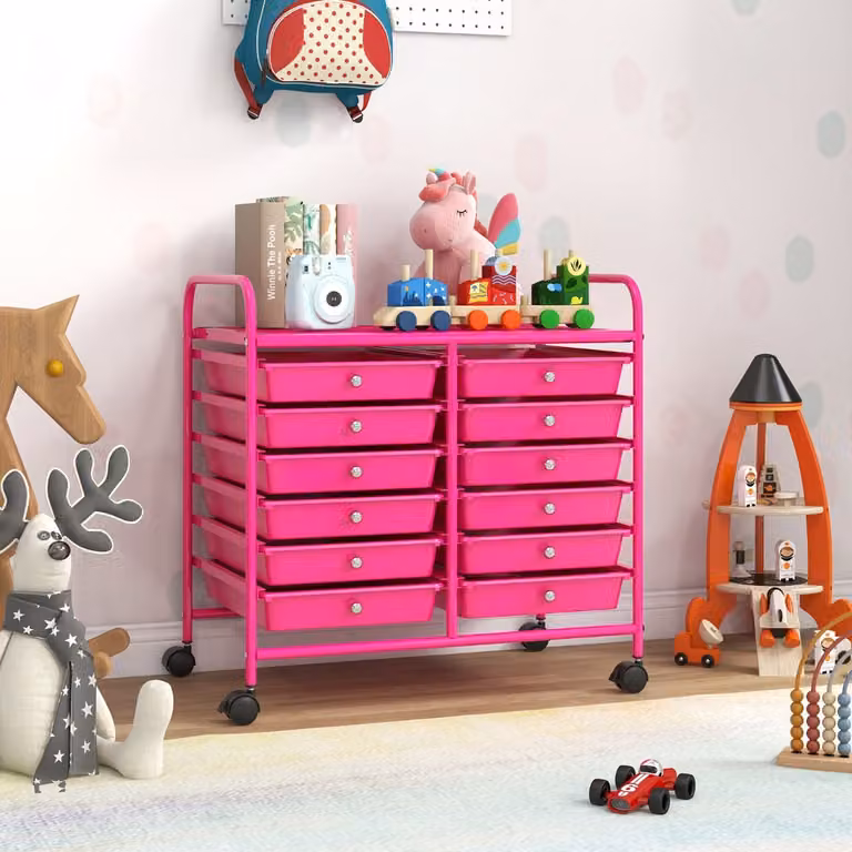 Carrello portaoggetti Costway con 12 cassetti e ampio piano di lavoro, cassettiera moderna in metallo rosa con ruote per soggiorno e cucina