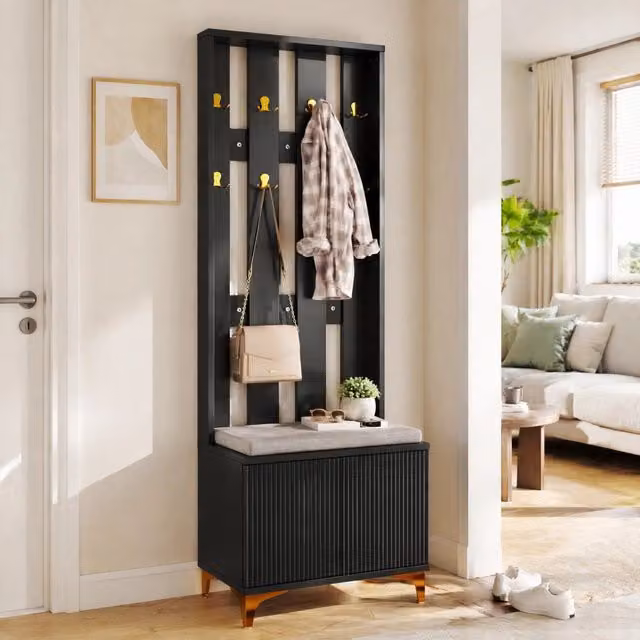 Armadio da ingresso REDOM con ganci e cuscini, moderno, Nero/Oro, L: 60,5 cm, H: 180,5 cm, P: 35,2 cm
