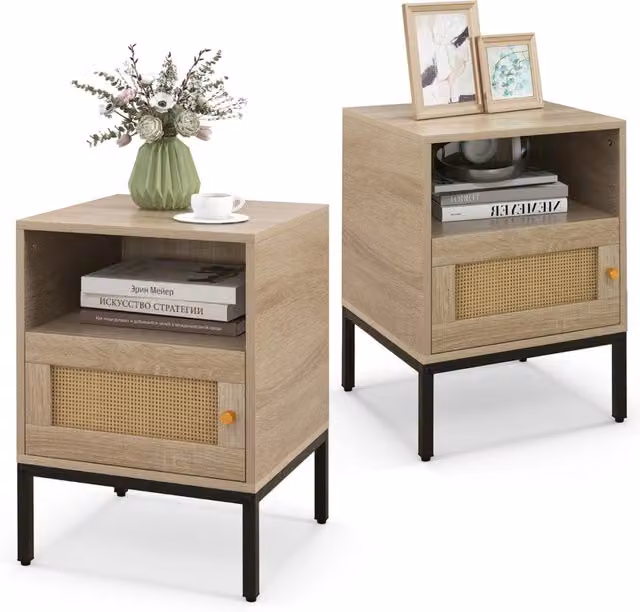 Set di 2 comodini in stile bohemien con ripiano aperto e armadietto in rattan e metallo, colore beige e marrone