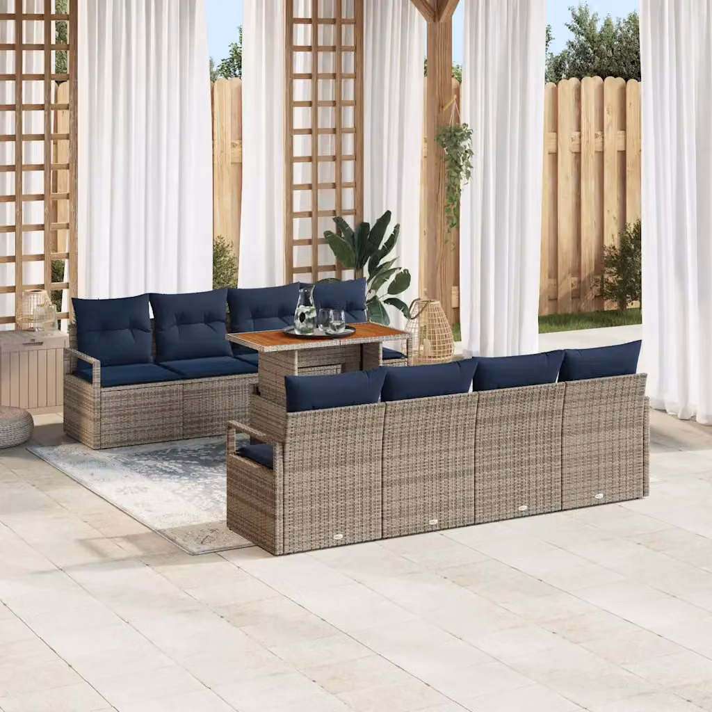 Set Divano da Giardino vidaXL 9 Pezzi in Rattan con Struttura in Legno di Acacia, Grigio e Blu Navy